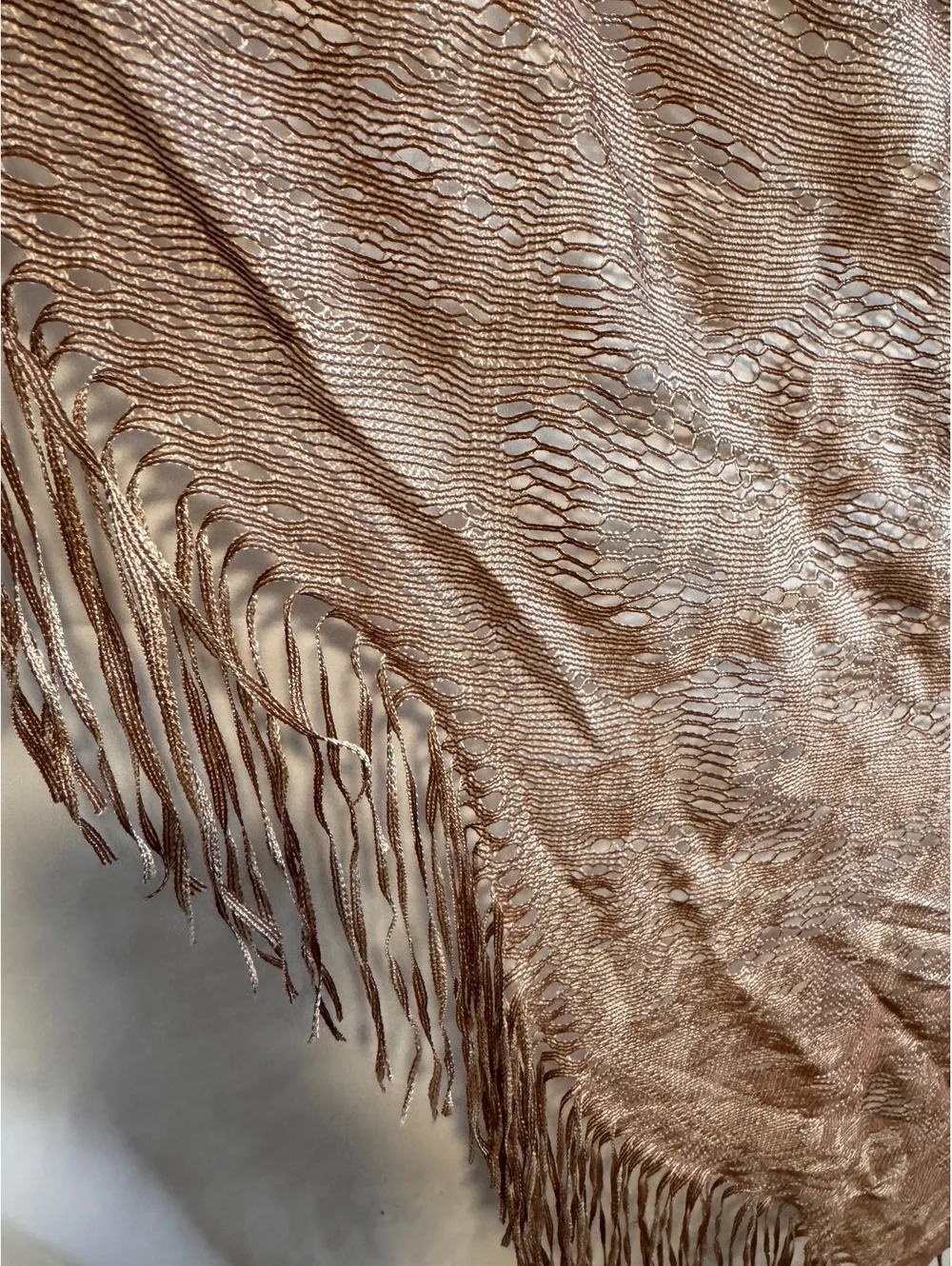 Large Taupe Fringe Shawl Wrap Triangle Scarf Lace Textured Lightweight